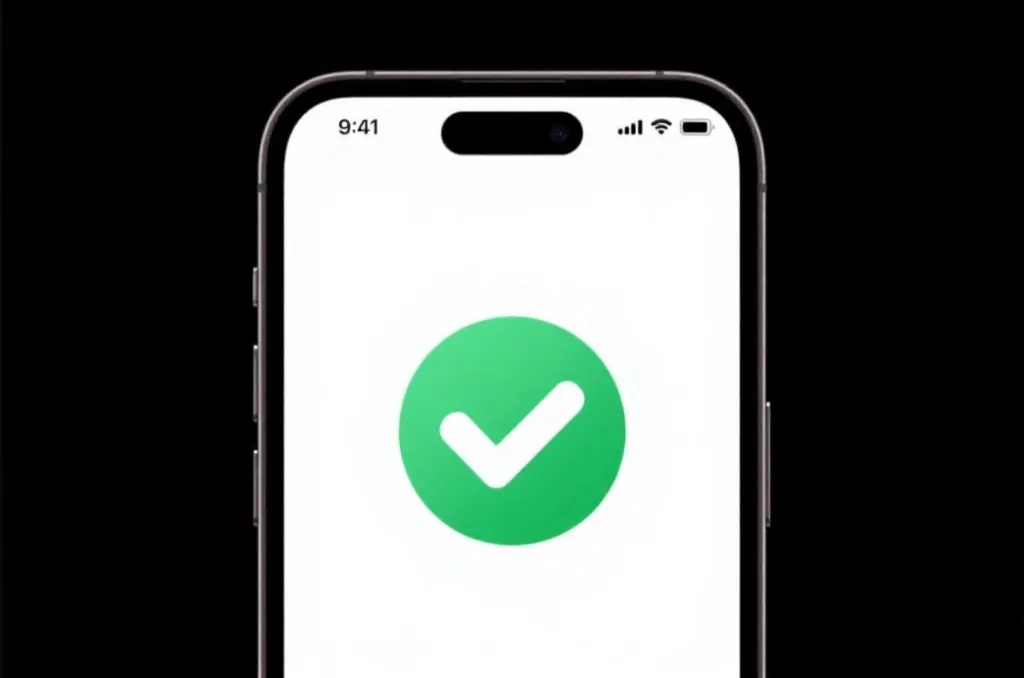 A smartphone displaying a green verified checkmark badge on a clean user interface, minimalist design, showing mobile app trust and safety